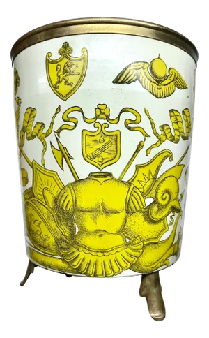 1950s Piero Fornasetti 'Golden Armory Crest’ Metal Waste Paper Bin