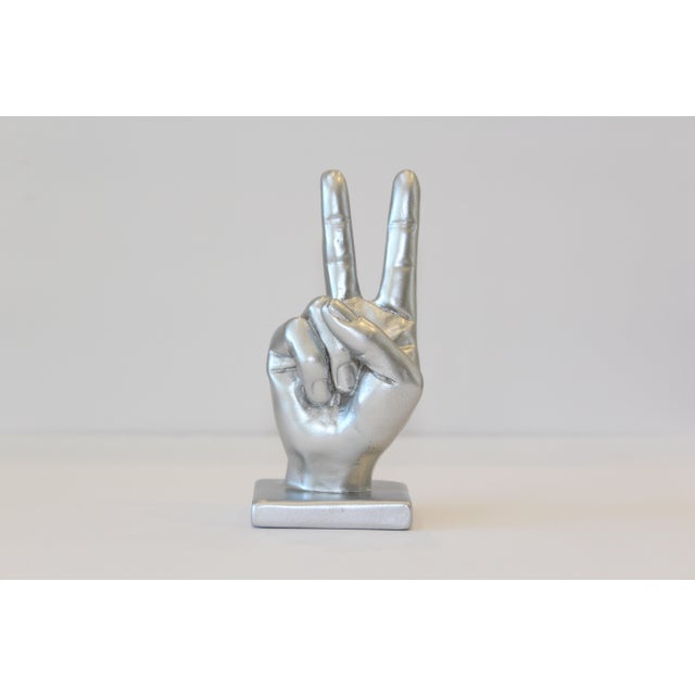 Modern Silver Peace Sign Hand Symbol Sculpture For Sale - Image 3 of 6