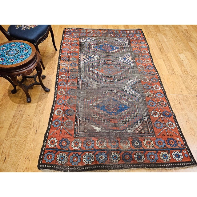 Gray Antique Caucasian Karabagh Area Rug, Hand-Knotted Wool, Geometric Design, Ivory & Blue, 5x8 For Sale - Image 8 of 17