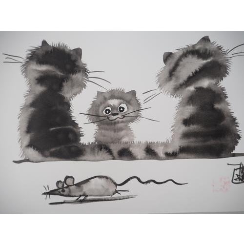 Laszlo Tibay tenderness of cats Original ink and wash drawing Signed in ink and with the artist's stamp On thin cardboard...