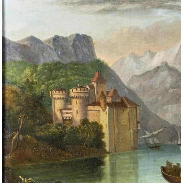 European School Artist, River Landscape with Castle and Boats, 19th Century, Oil on Wood For Sale - Image 3 of 7