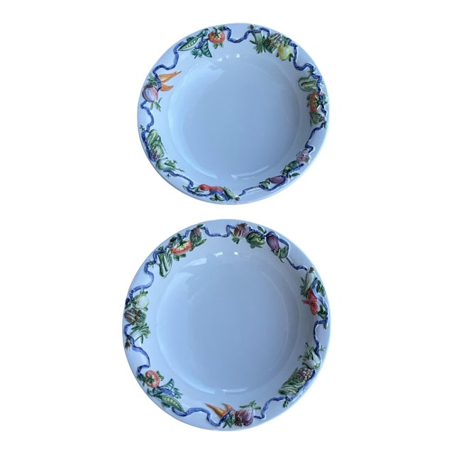 1980s Italian Hand-Painted Serving Bowl Platter With Embossed Vegetables ~ a Pair For Sale