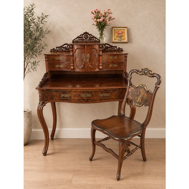 Rococo Antique 19th Century Ladies Writing Desk With Matching Hand Painted Chair For Sale - Image 3 of 7