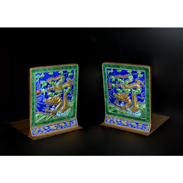 Chinese Pair 20th Century Chinese Enamel Dragon Bookends For Sale - Image 3 of 12