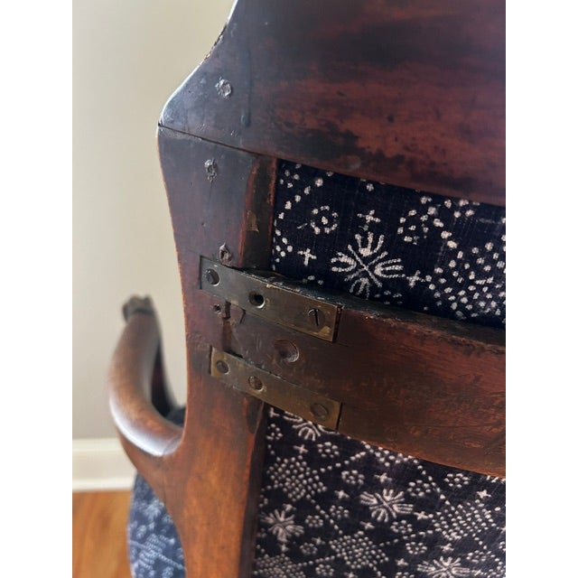 Antique Blue and White Batik Upholstered English Wood Accent Chair For Sale In New York - Image 6 of 16