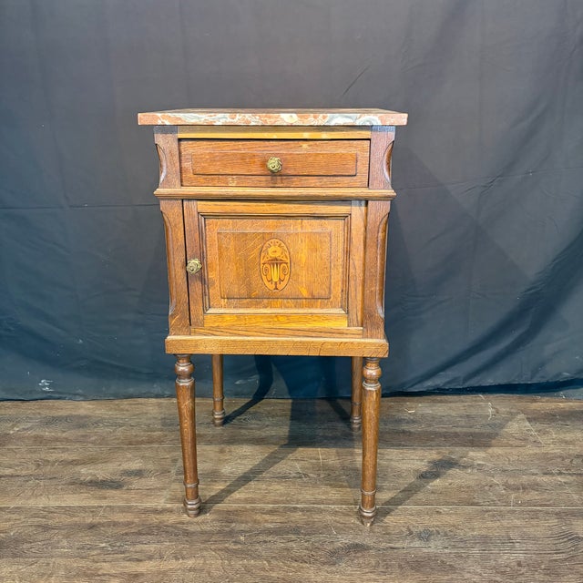 Brown French Louis XVI Revival Oak Marble Top Night Stands -a Pair For Sale - Image 8 of 12