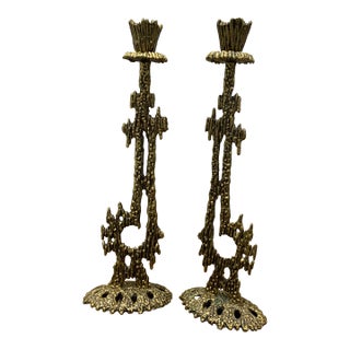 1960s Vintage Mid-Century Modern Brass Brutalist Wainberg Candlesticks - Set of 2 For Sale