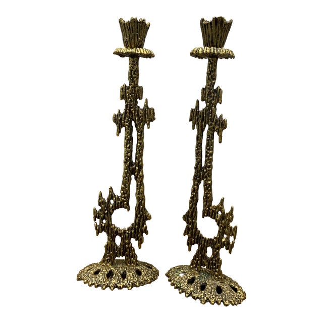 1960s Vintage Mid-Century Modern Brass Brutalist Wainberg Candlesticks - Set of 2 For Sale