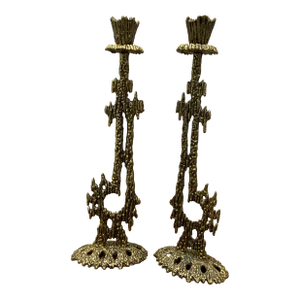1960s Vintage Mid-Century Modern Brass Brutalist Wainberg Candlesticks - Set of 2