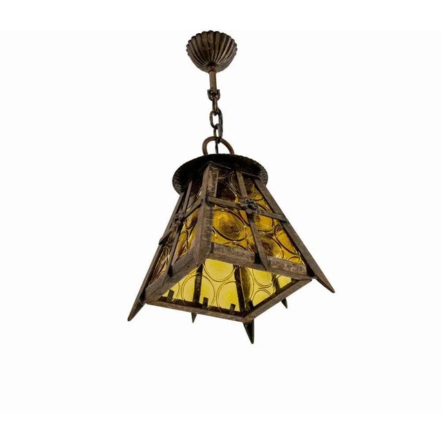 Vintage French Lustre Colored Glass and Iron Hanging Light, 1960 For Sale - Image 4 of 7