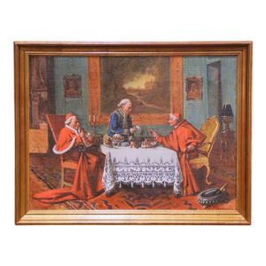 Early 20th Century French Cardinal Genre Interior Painting Signed R. Fricheville