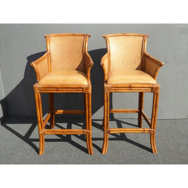 Pair Vintage Tiki Palm Beach Style Rattan & Brown Leather ...