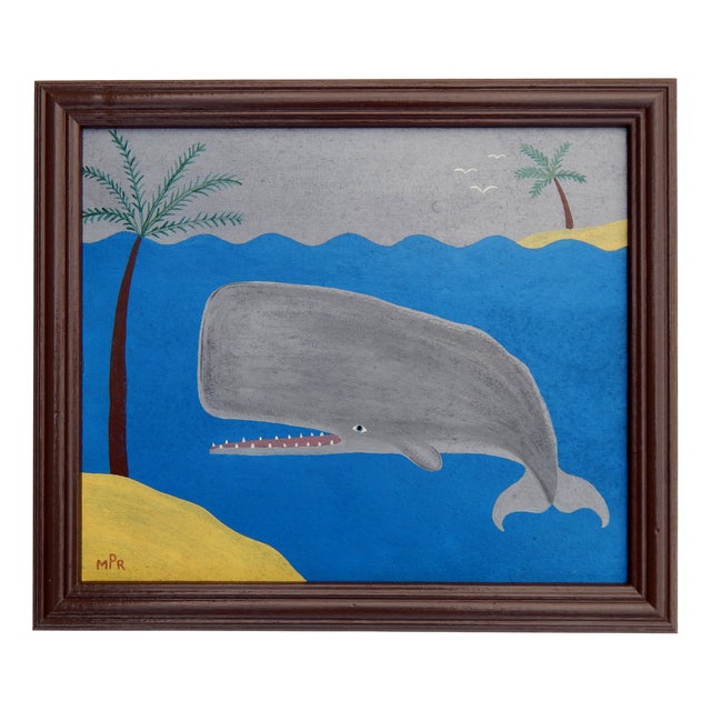 Matt Rix, Naive Style Sperm Whale & Beach with Palms, Oil on Board, Framed For Sale