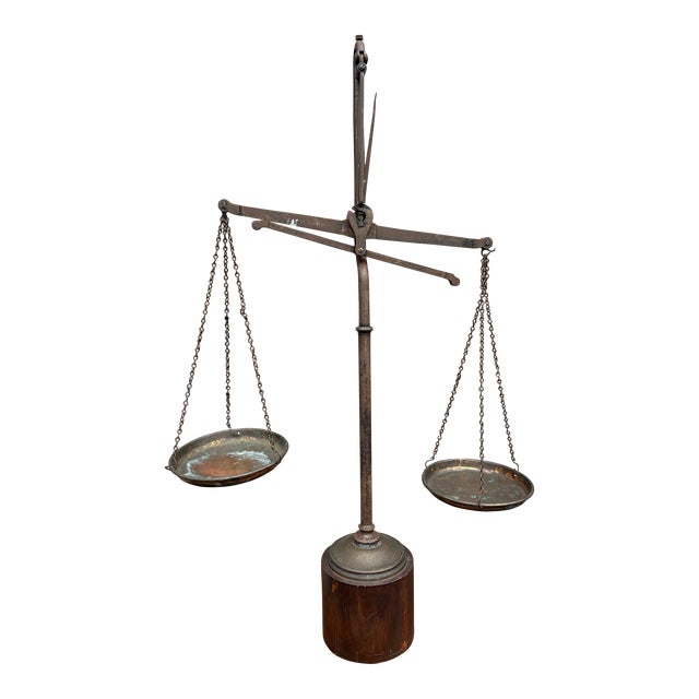 Vintage Brass Copper Metal Wood Large Balance Scales For Sale
