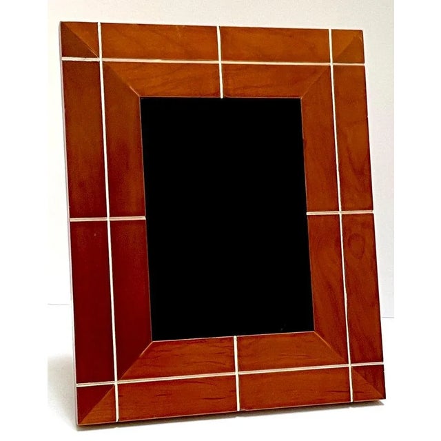 Late 20th Century Late 20th Century French Modern Engraved Walnut Architectural & White Enamel Grid Pattern Frame For Sale - Image 5 of 7