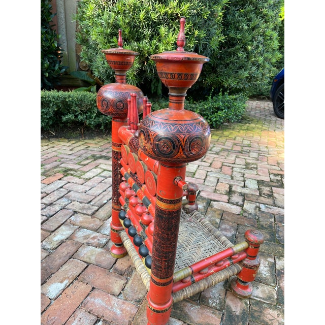 Antique 1900s Indian Punjabi Red Black and Tan Hand Carved and Hand Painted Wood and Cane