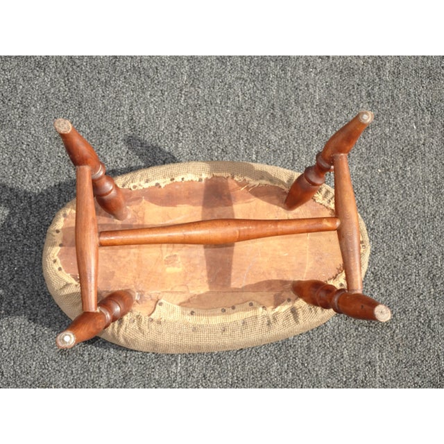 Vintage French Country Tan Needlepoint Floral Tapestry on Oak Turned Legs For Sale - Image 12 of 13