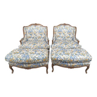 Late 20th Century Vintage Country French Style Wingback Chairs and Ottomans- 4 Pieces For Sale