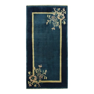 Vintage Chinese Deco Style Rug in Deep Blue, Gold Border, Light Floral Patterns For Sale