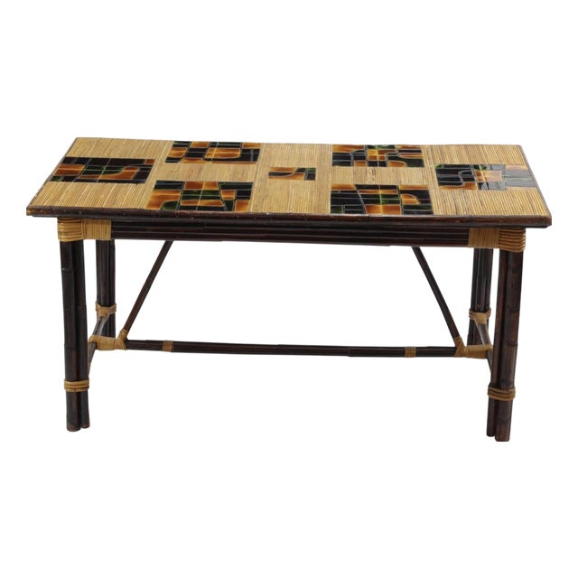 Dining Table in Stained Rattan, Bamboo and Ceramic by Adrien Audoux and Frida Minet, 1950s For Sale