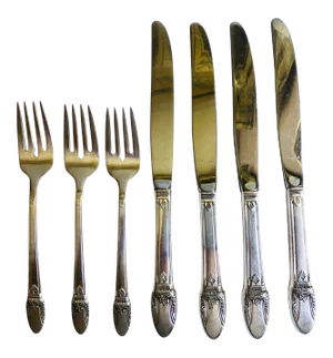 Vintage Floral Rogers Silverplate First Love Pattern Salad Forks & Knives - Set of 7