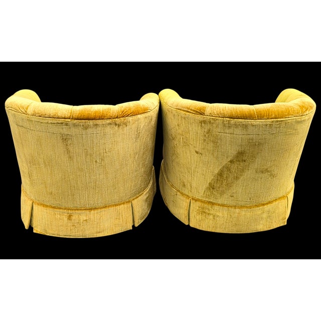 Wood Pair of Henredon Tufted Barrel Back Swivel Lounge Chairs in Chartreuse Velvet on Casters, Circa 1970s For Sale - Image 7 of 11