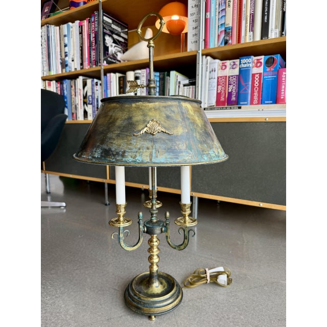 Frederick Cooper Vintage Brass Verdigris Three-Light Bouillotte Table Lamp Neoclassical Hollywood Regency Style For Sale - Image 4 of 16