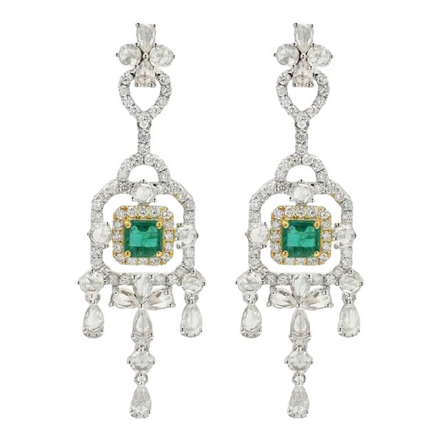 Art Deco Emerald and Diamond Chandelier Earrings in 14k Gold - 2 Pieces For Sale