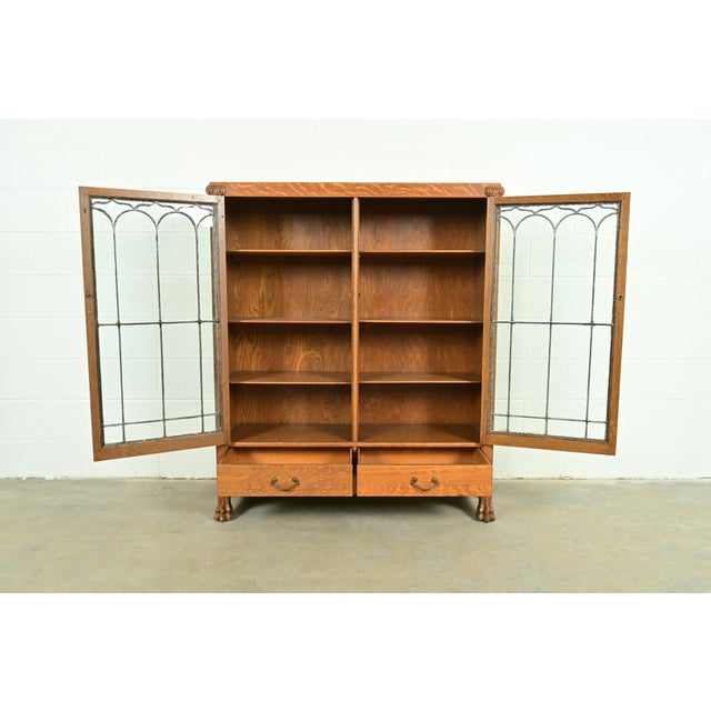 Late 19th Century R. J. Horner Style Antique American Empire Carved Tiger Oak Double Bookcase Cabinet With Leaded Glass Doors, Circa 1890s For Sale - Image 5 of 14