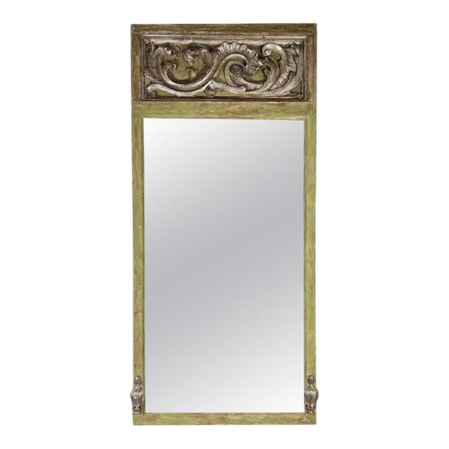 19th Century Italian Baroque Trumeau Mirror, Hand-Carved Green Frame For Sale