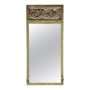 19th Century Italian Baroque Trumeau Mirror, Hand-Carved Green Frame