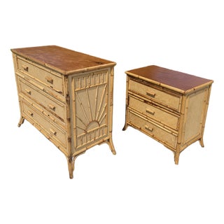 Vintage Bamboo / Grasscloth “Rising Sun” Dresser & Nightstand, a Set of 2 For Sale