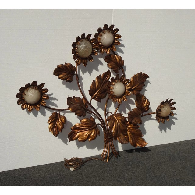 Hollywood Regency Large 1960's Hollywood Regency Wall Light Gilt Gold Tole Five Arm Sunflower Made Italy For Sale - Image 3 of 12