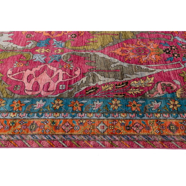 Textile Vibrant Fuchsia & Teal Modern Bidjar Style Wool Rug With Botanical Motifs 10x14 For Sale - Image 7 of 11