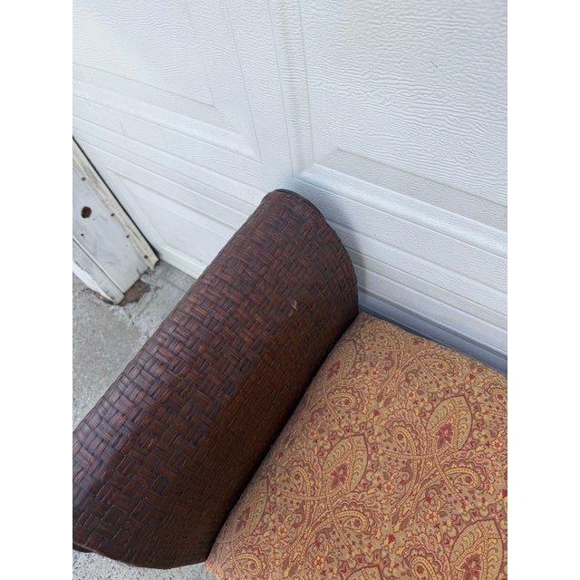 Brown Vintage Boho Woven Rattan Wicker Scroll Arm Upholstered Bench For Sale - Image 8 of 12