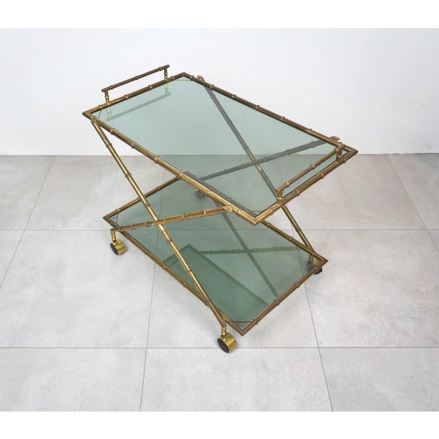 Metal Faux Bamboo Brass & Smoked Glass Serving Cart from Rue Royale, France, 1960s For Sale - Image 7 of 18