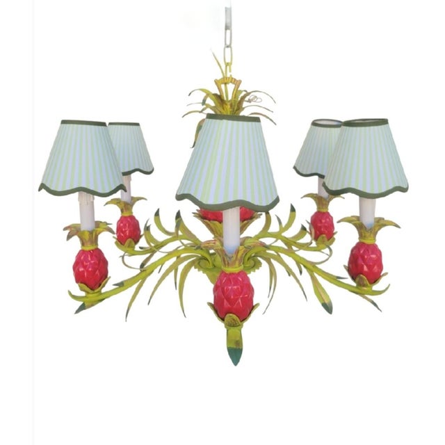 Vintage Custom Hand Painted Palm Beach Regency Pink Green Pineapple 6 Light Chandelier W/ Striped Shades For Sale - Image 11 of 12