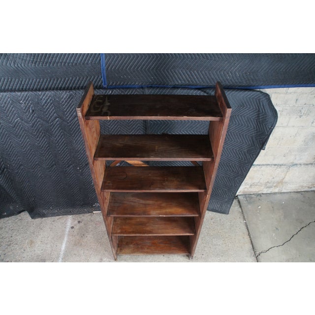 Late 20th Century Primitive Oak 6 Shelf Library Bookcase Bookshelf Office Console 58" For Sale - Image 4 of 10