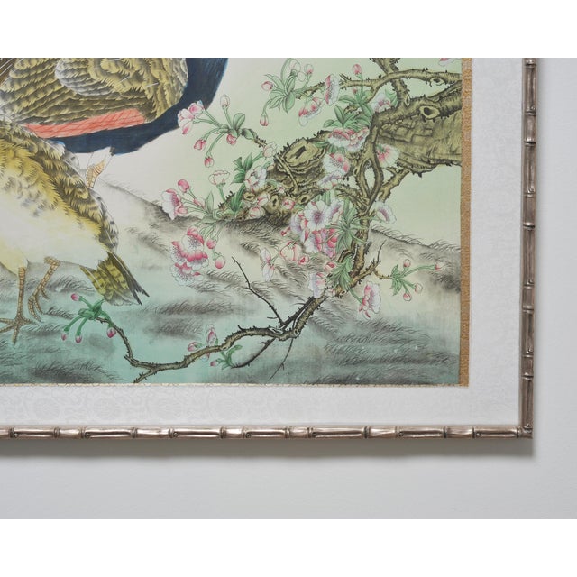 20th C. Chinese Export Pair of Peacocks and Flowers Painting For Sale - Image 9 of 18