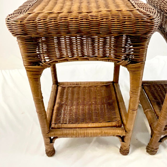 Mid-Century Coastal Boho Chic Walnut Stained Wicker Side Tables - A Pair. For Sale - Image 6 of 9