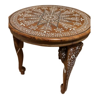 Late 19th Century Antique Anglo Indian Mughal Teak Inlaid Round Side Table For Sale