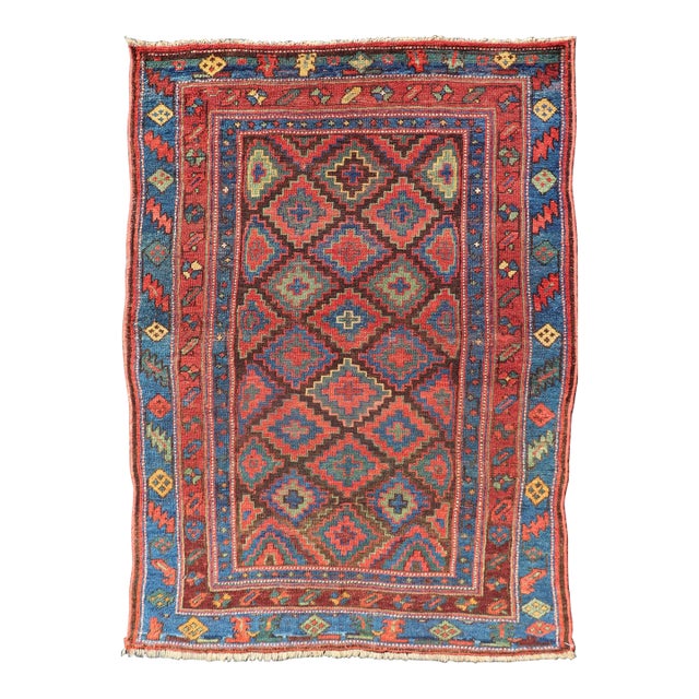 Mid 19th Century Sauj Bulak Kurd Carpet in Soft Colors and Diamond Shapes 4'1 X 5'11 For Sale