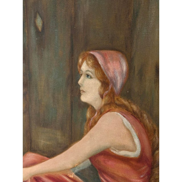 Brown Antique Realism "Women in Pink Dress W/ Forest Doves" Oil on Canvas Painting For Sale - Image 8 of 16