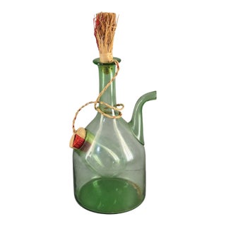 Vintage Hand Blown Italian Green Glass Wine Decanter Ice Chamber Raffia Stopper For Sale