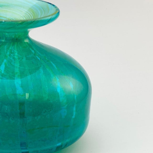 Turquoise Turquoise and Green Striped Glass Squat Bottle Vase from Mdina, Malta, 1970s For Sale - Image 8 of 10