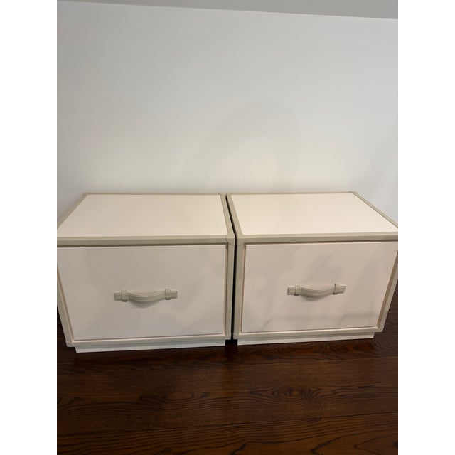 Contemporary Heritage Group (Italian) White Faux Leather Campaign Style Triple Dresser With Matching Nightstands -Set of 3 For Sale - Image 3 of 6