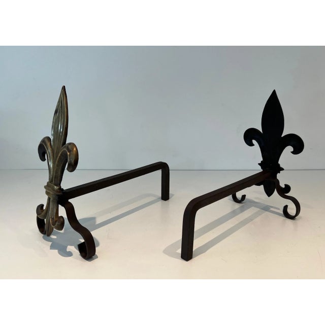 Bronze 1940s Bronze and Wrought Iron Andirons With a Fleur-de-lys - a Pair For Sale - Image 8 of 12