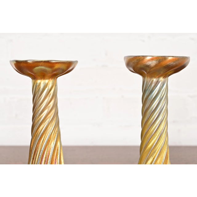 Gold Louis Comfort Tiffany Favrile Iridescent Art Glass Candlesticks, Pair For Sale - Image 8 of 13