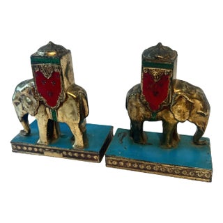 Pair of Enamel Elephant Bookends For Sale