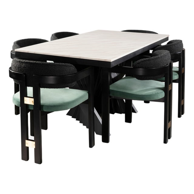 Conan 71" Long Black Dining Table Set for 6 with Green Chairs For Sale
